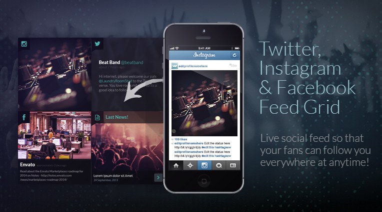 Twitter, Instagram and facebook feed grid