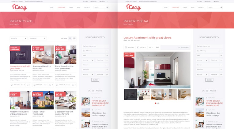 Property Listing page in grid view mode and property detail page